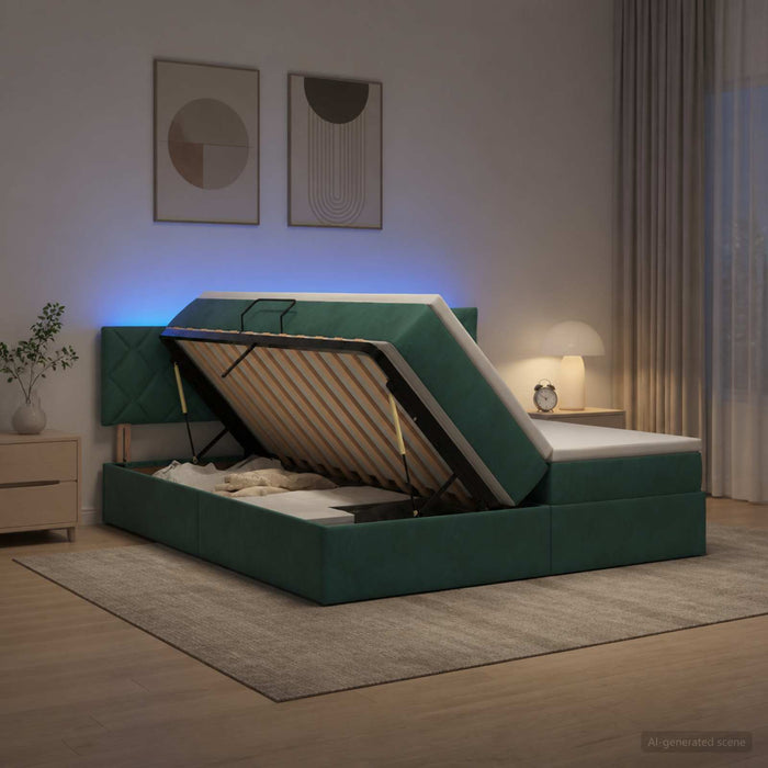 Pat cu LED și saltea Verde închis 200 x 200 cm Catifea WALTI