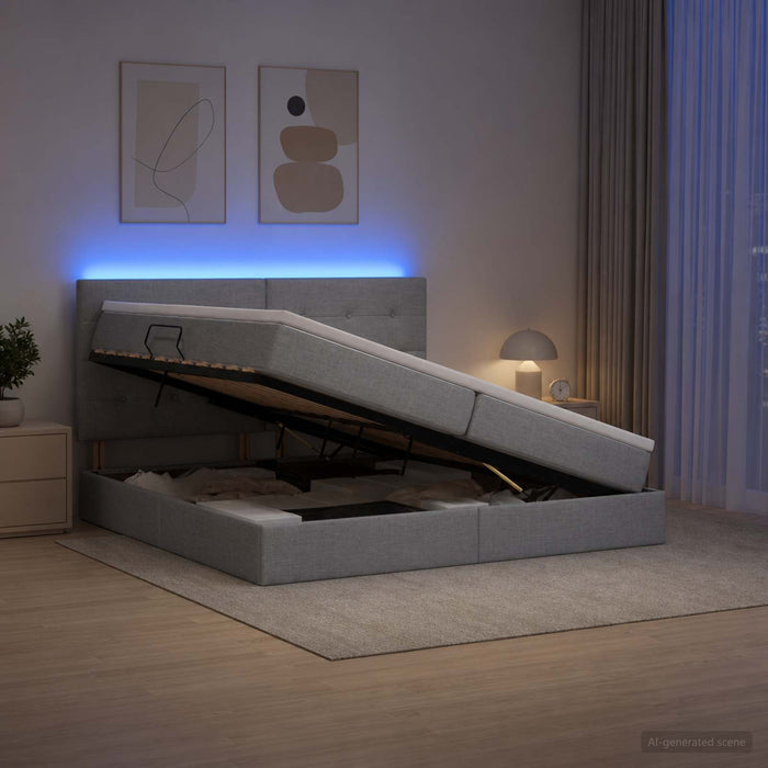 Pat cu LED și saltea Gri deschis 200 x 200 cm Țesătură WALTI