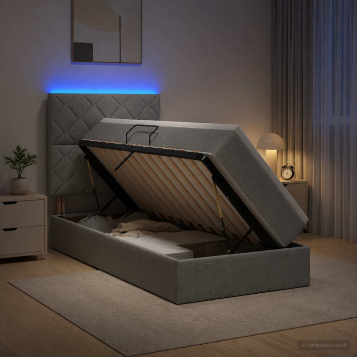 Pat cu LED și saltea Gri deschis 90 x 200 cm Țesătură WALTI