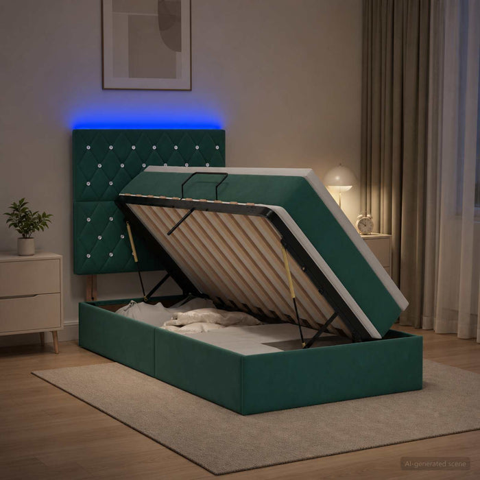 Pat cu LED și saltea Verde închis 90 x 190 cm Catifea WALTI