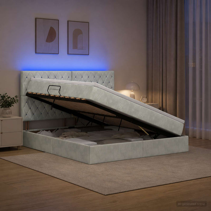 Pat cu LED și saltea Gri deschis 160 x 200 cm Catifea WALTI