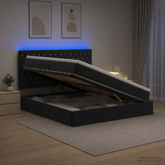Pat cu LED și saltea Negru 160 x 200 cm Catifea WALTI