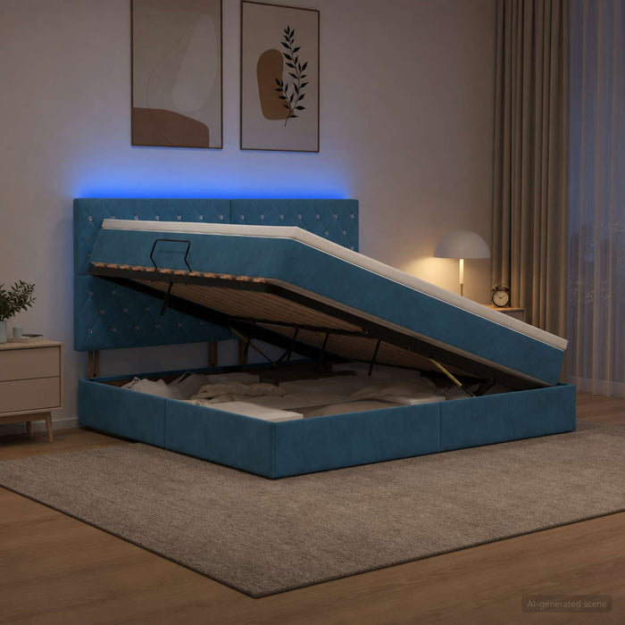 Pat cu LED și saltea Albastru închis 160 x 200 cm Catifea WALTI