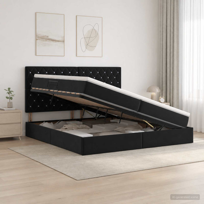 Pat cu LED și saltea Negru 200 x 200 cm Catifea WALTI