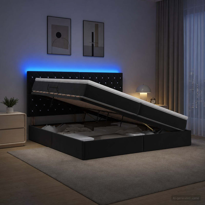 Pat cu LED și saltea Negru 200 x 200 cm Catifea WALTI