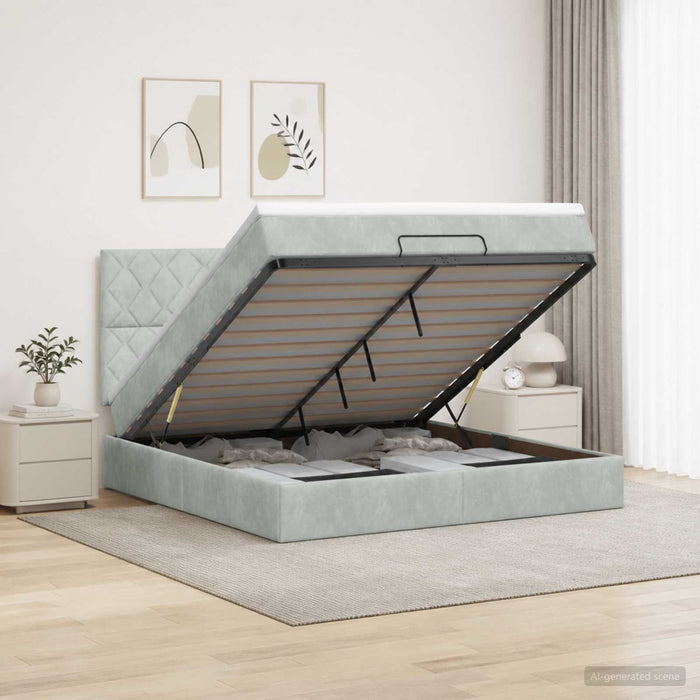 Pat ottoman cu saltea Gri deschis 160 x 200 cm Catifea WALTI