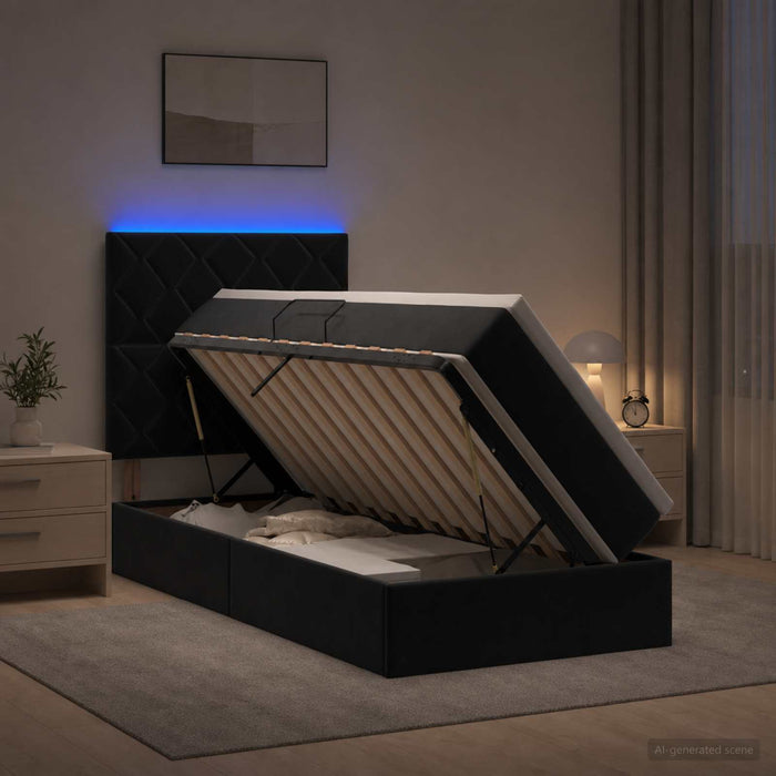 Pat cu LED și saltea Negru 100 x 200 cm Catifea WALTI