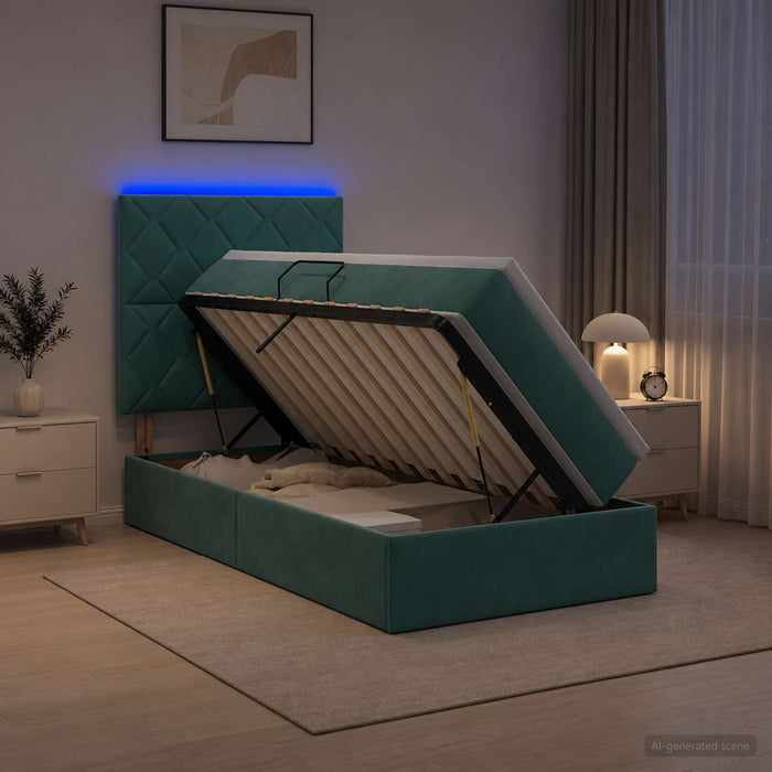 Pat cu LED și saltea Verde închis 100 x 200 cm Catifea WALTI