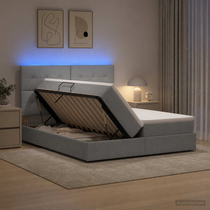 Pat cu LED și saltea Gri deschis 200 x 200 cm Țesătură - WALTI WALTI