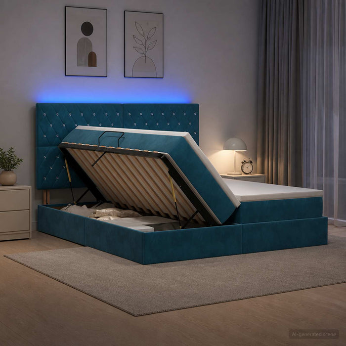 Pat cu LED și saltea Albastru închis 200 x 200 cm Catifea WALTI