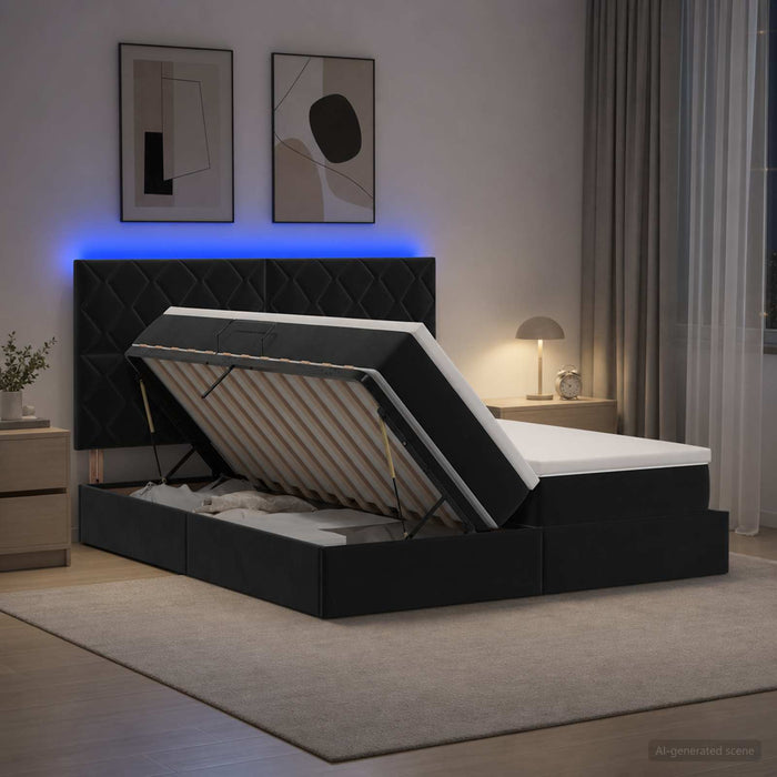 Pat cu LED și saltea Negru 200 x 200 cm Catifea WALTI