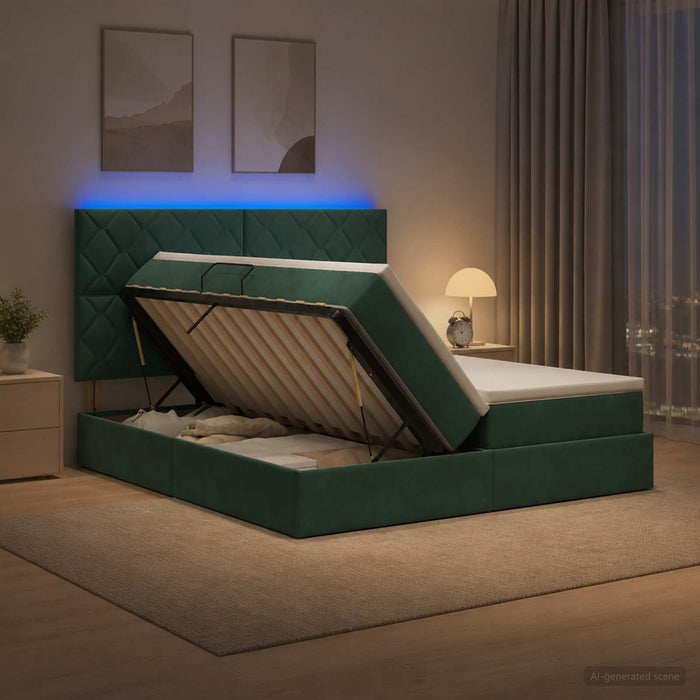 Pat cu LED și saltea Verde închis 200 x 200 cm Catifea WALTI
