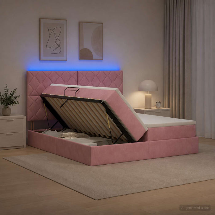 Pat cu LED și saltea Roz 200 x 200 cm Catifea WALTI