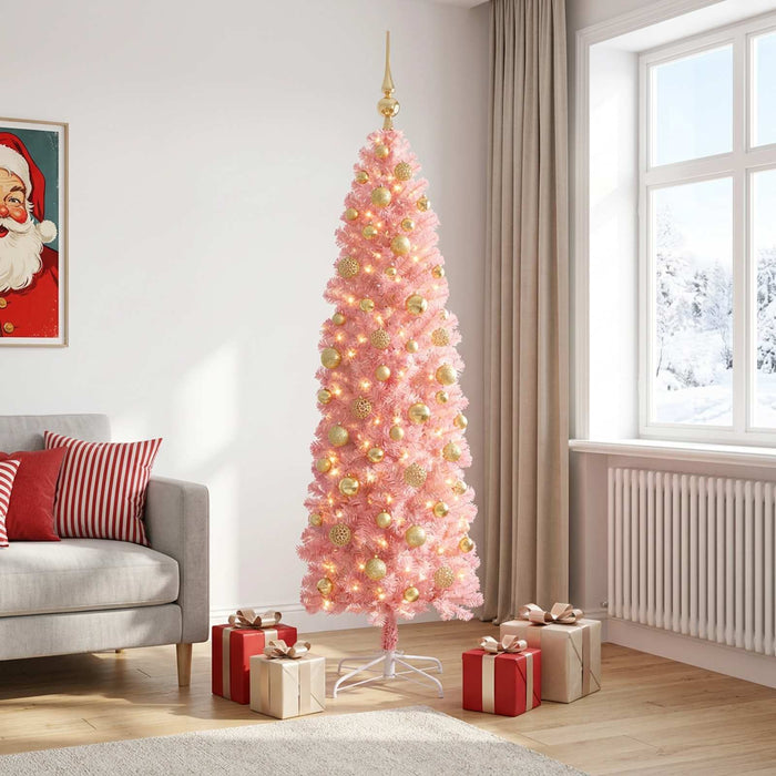 Brad de Crăciun artificial îngust cu globuri 180 cm 300 LED-uri - WALTI WALTI