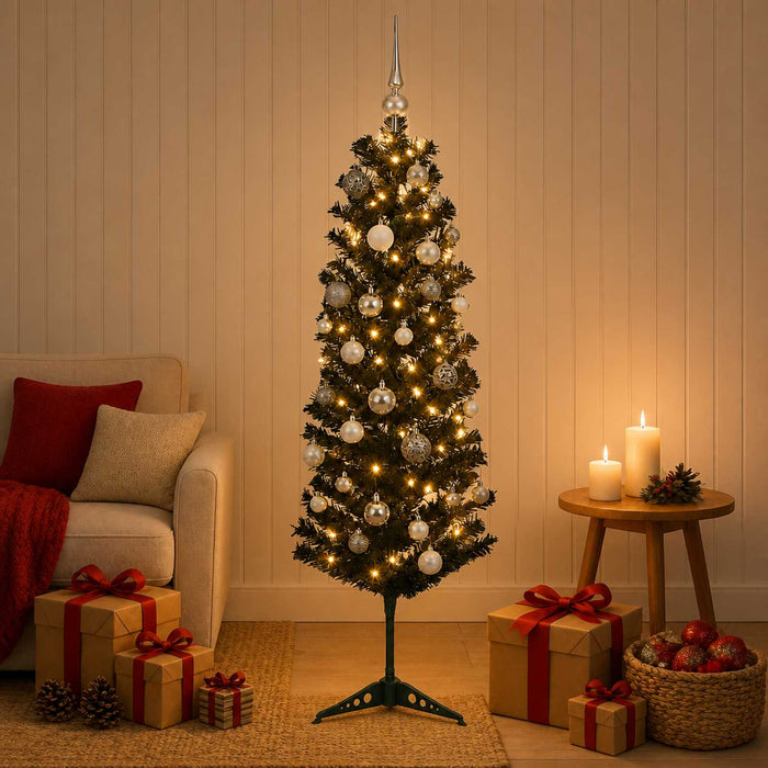 Brad de Crăciun artificial îngust cu globuri 150 cm 150 LED-uri - WALTI WALTI