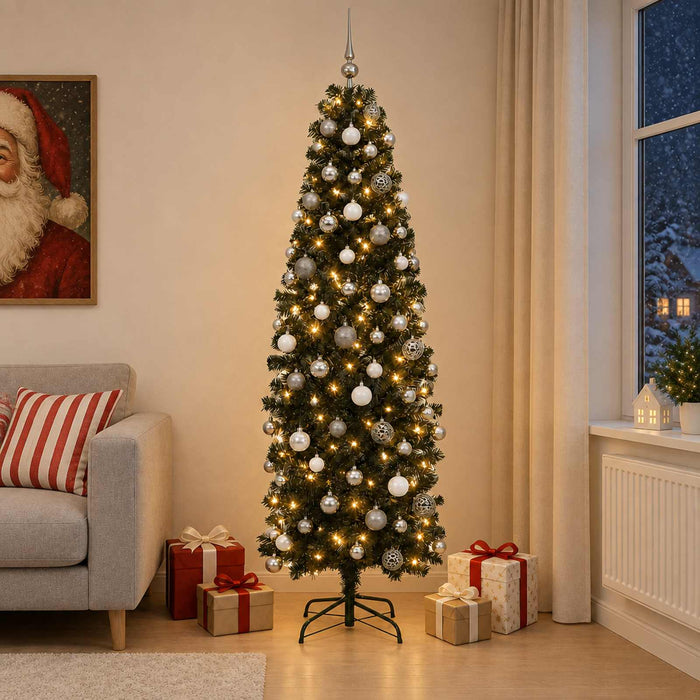 Brad de Crăciun artificial îngust cu globuri 180 cm 300 LED-uri - WALTI WALTI