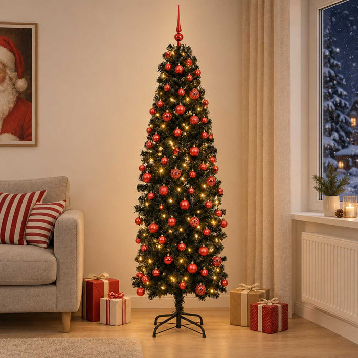 Brad de Crăciun artificial îngust cu globuri 210 cm 300 LED-uri - WALTI WALTI