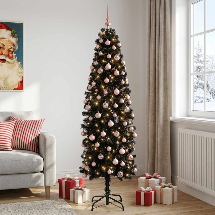 Brad de Crăciun artificial îngust cu globuri 210 cm 300 LED-uri WALTI