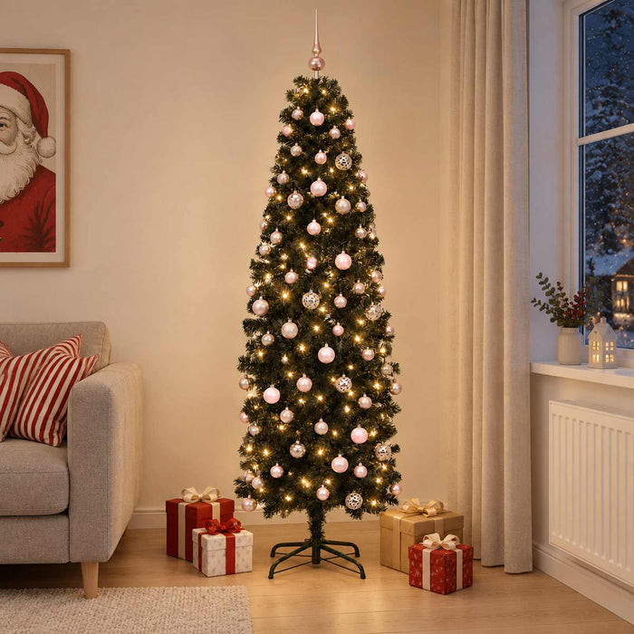 Brad de Crăciun artificial îngust cu globuri 210 cm 300 LED-uri WALTI