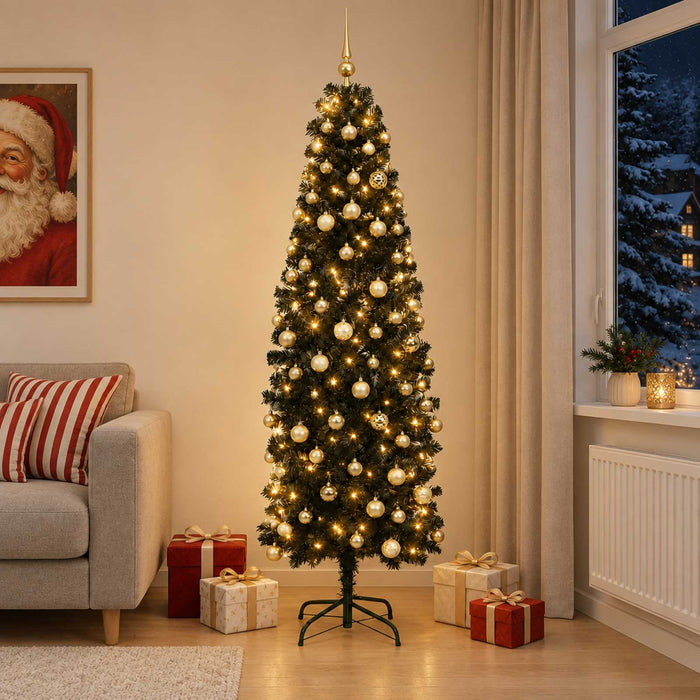 Brad de Crăciun artificial îngust cu globuri 180 cm 300 LED-uri - WALTI WALTI