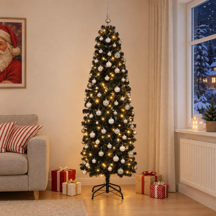 Brad de Crăciun artificial îngust cu globuri 210 cm 300 LED-uri - WALTI WALTI