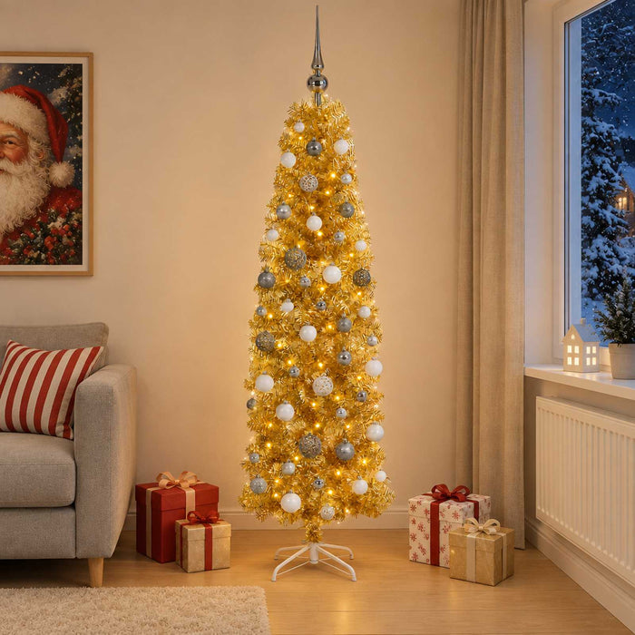 Pom de Crăciun artificial subțire cu globuri 180 cm 300 LED-uri - WALTI WALTI
