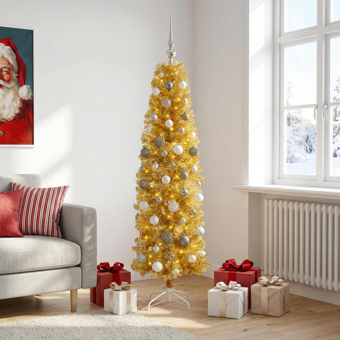 Pom de Crăciun artificial subțire cu globuri 180 cm 300 LED-uri - WALTI WALTI