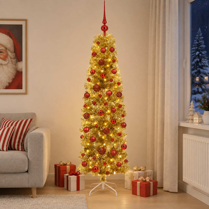 Pom de Crăciun artificial subțire cu globuri 180 cm 300 LED-uri - WALTI WALTI