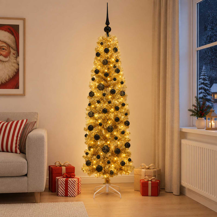 Pom de Crăciun artificial subțire cu globuri 180 cm 300 LED-uri WALTI
