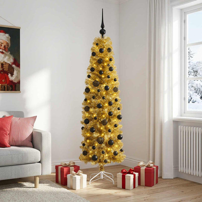 Pom de Crăciun artificial subțire cu globuri 180 cm 300 LED-uri WALTI