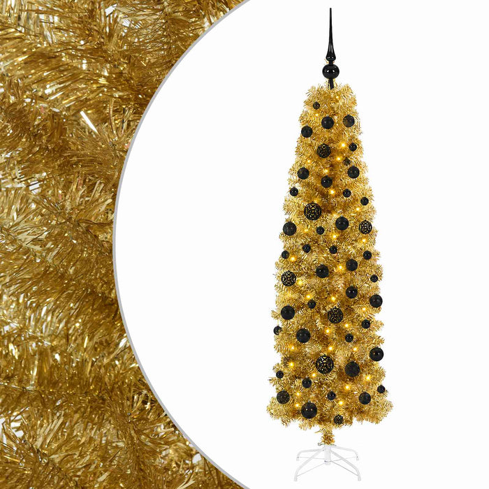 Pom de Crăciun artificial subțire cu globuri 180 cm 300 LED-uri WALTI
