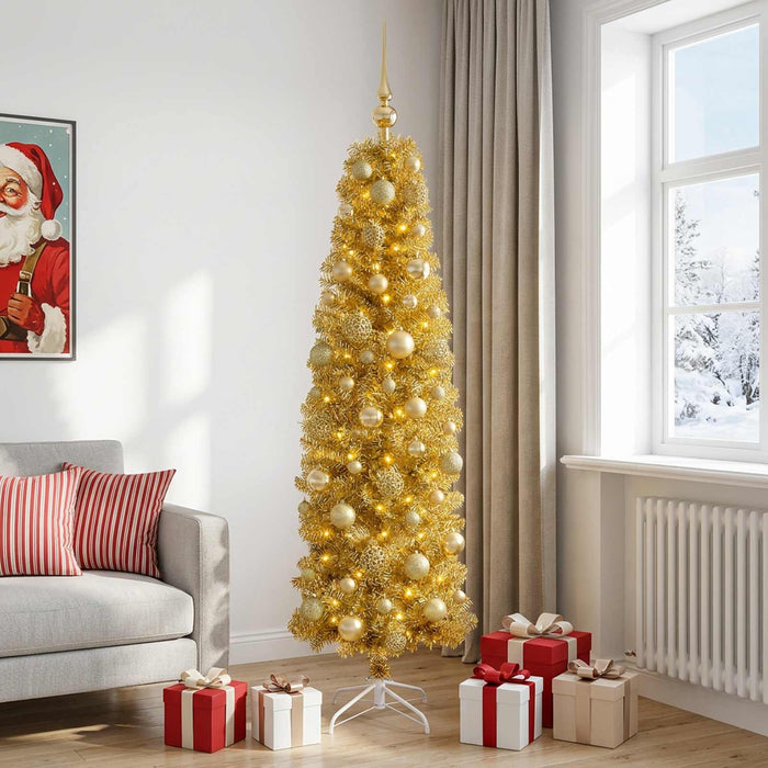 Pom de Crăciun artificial subțire cu globuri 180 cm 300 LED-uri - WALTI WALTI