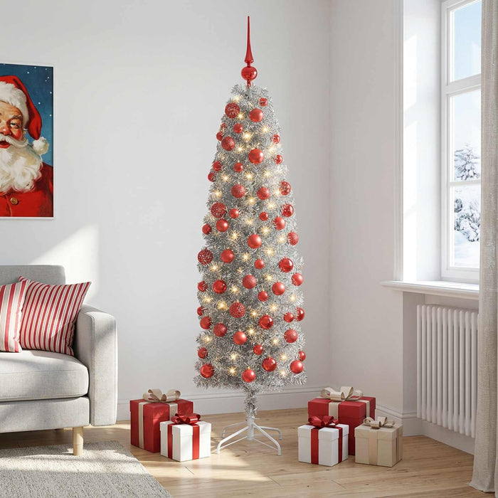 Brad de Crăciun artificial îngust cu globuri 180 cm 300 LED-uri - WALTI WALTI
