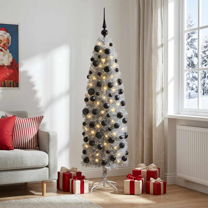 Brad de Crăciun artificial îngust cu globuri 180 cm 300 LED-uri WALTI