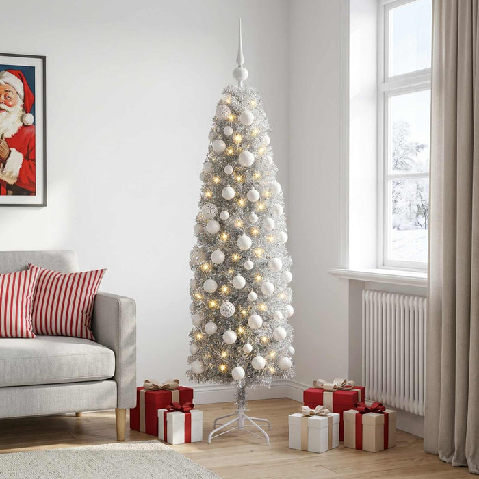 Brad de Crăciun artificial îngust cu globuri 180 cm 300 LED-uri WALTI