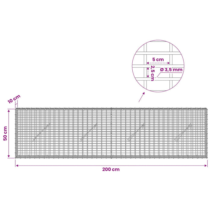 Gabion cu fir de 3,5 mm și plasă de 5x2,5 cm 200x10x50 cm WALTI