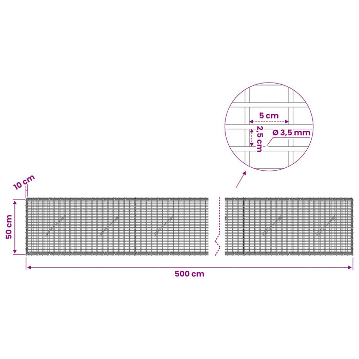 Gabion cu fir de 3,5 mm și plasă de 5x2,5 cm 500x10x50 cm WALTI