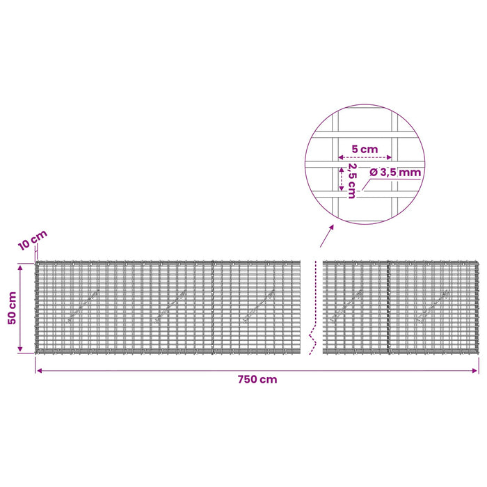 Gabion cu fir de 3,5 mm și plasă de 5x2,5 cm 750x10x50 cm WALTI