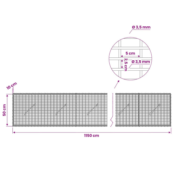 Gabion cu fir de 3,5 mm și plasă de 5x2,5 cm 1150x10x50 cm WALTI
