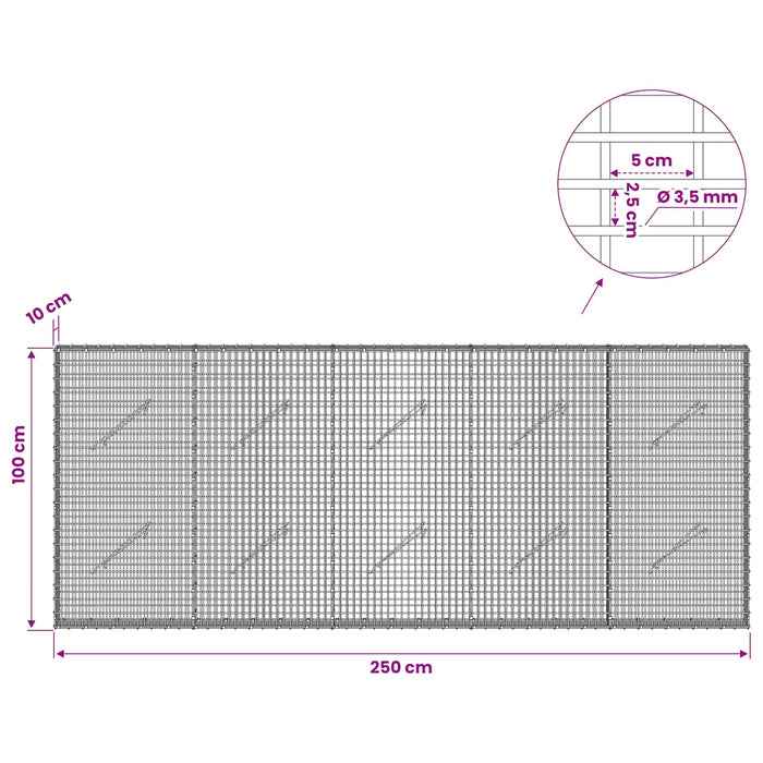Gabion cu fir de 3,5 mm și plasă de 5x2,5 cm 250x10x100 cm WALTI