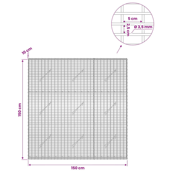 Gabion cu fir de 3,5 mm și plasă de 5x2,5 cm 150x10x150 cm WALTI
