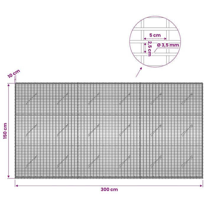 Gabion cu fir de 3,5 mm și plasă de 5x2,5 cm 300x10x150 cm WALTI