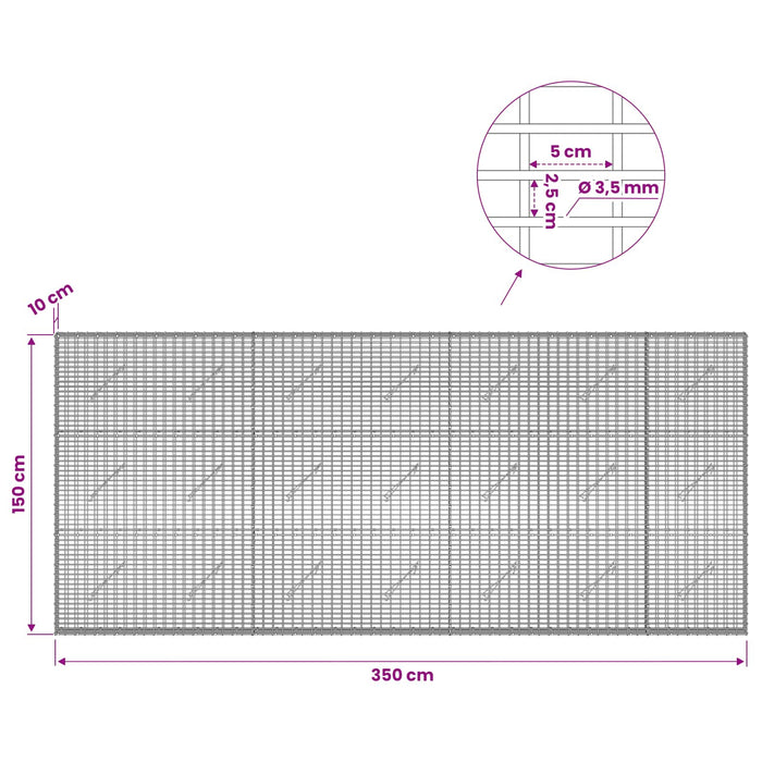 Gabion cu fir de 3,5 mm și plasă de 5x2,5 cm 350x10x150 cm WALTI