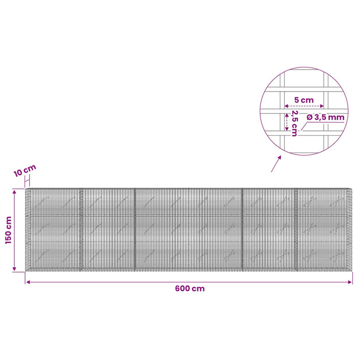 Gabion cu fir de 3,5 mm și plasă de 5x2,5 cm 600x10x150 cm WALTI