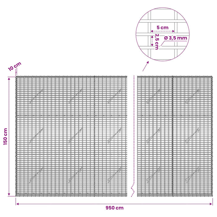 Gabion cu fir de 3,5 mm și plasă de 5x2,5 cm 950x10x150 cm WALTI
