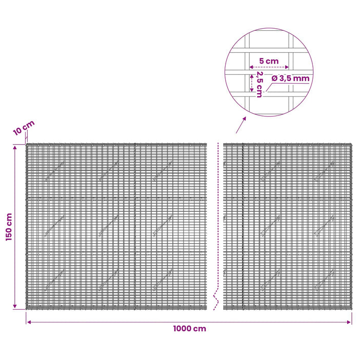 Gabion cu fir de 3,5 mm și plasă de 5x2,5 cm 1000x10x150 cm WALTI