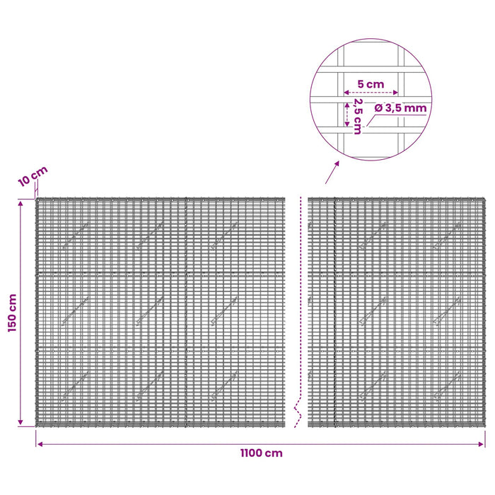 Gabion cu fir de 3,5 mm și plasă de 5x2,5 cm 1100x10x150 cm WALTI