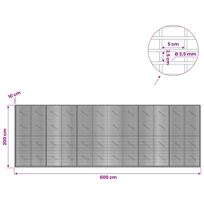 Gabion cu fir de 3,5 mm și plasă de 5x2,5 cm 600x10x200 cm WALTI