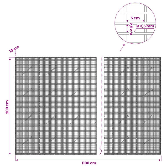 Gabion cu fir de 3,5 mm și plasă de 5x2,5 cm 1100x10x200 cm WALTI