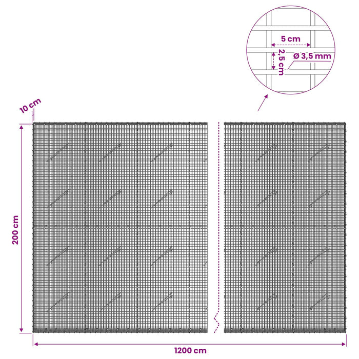 Gabion cu fir de 3,5 mm și plasă de 5x2,5 cm 1200x10x200 cm WALTI